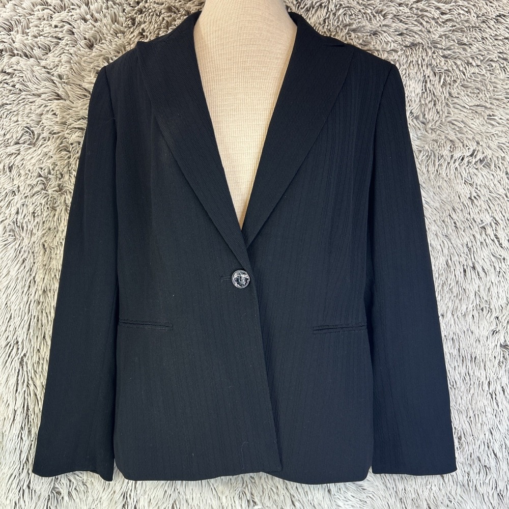 Kasper Single‎ Button Black Blazer Size 14 V Neck Shoulder Pads Office Casual